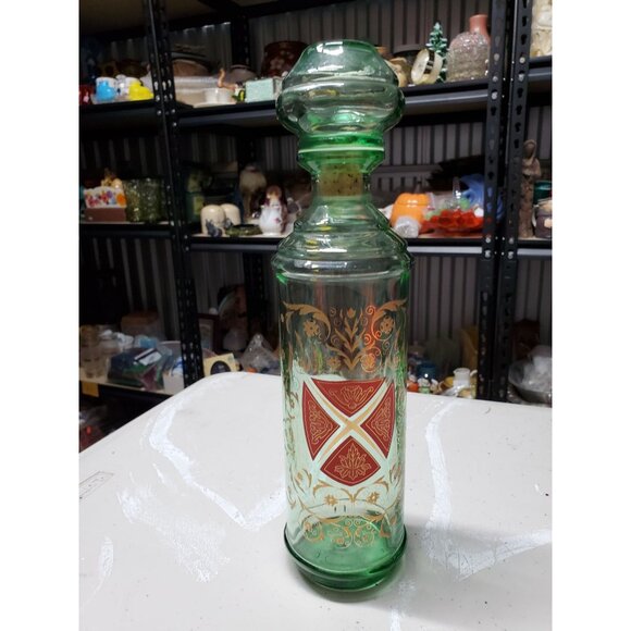 Barware Old Fitzgerald Venetian Green Glass Decanter Bottle & Stopper 1960s - Picture 2 of 8